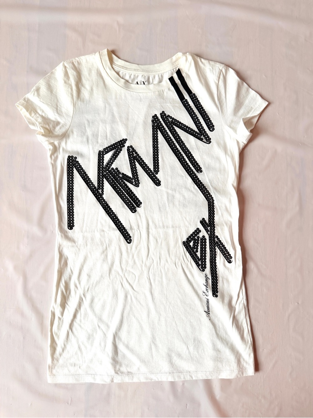 Armani Exchange glitter logo graphic T-shirt white black shimmer slim fit US XS